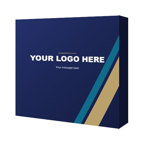 8 ft straight fabric pop up display with a navy custom printed graphic and end caps