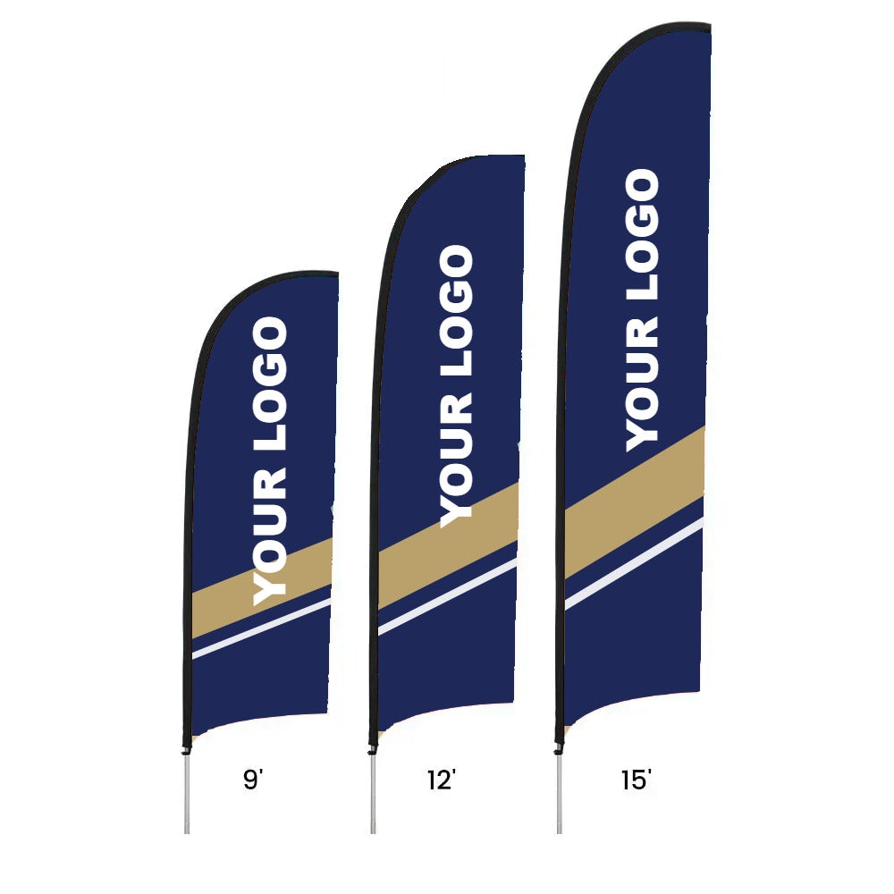 Custom feather flags in 9 ft, 12 ft and 15 ft sizes, printed with a sample logo design