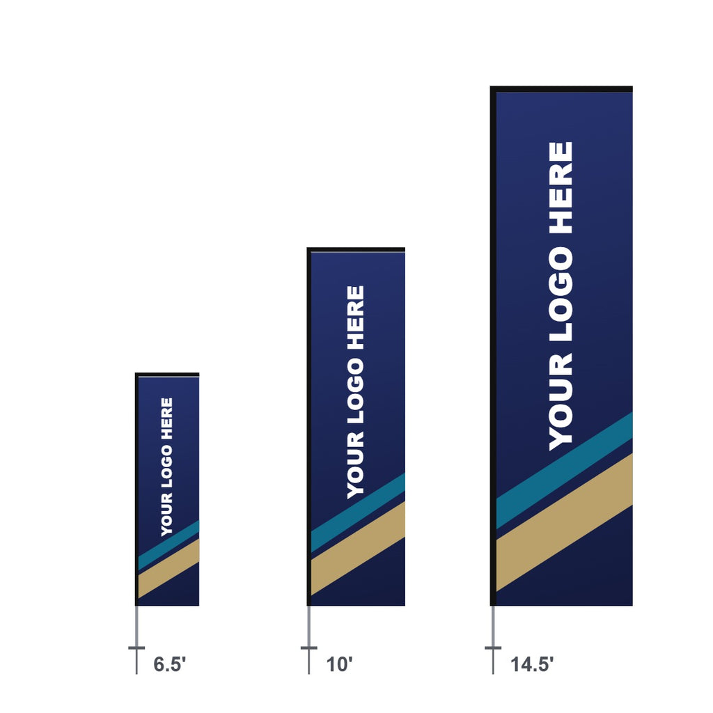 Custom rectangle flags in 6.5 ft, 10 ft and 14.5 ft sizes with a sample logo design