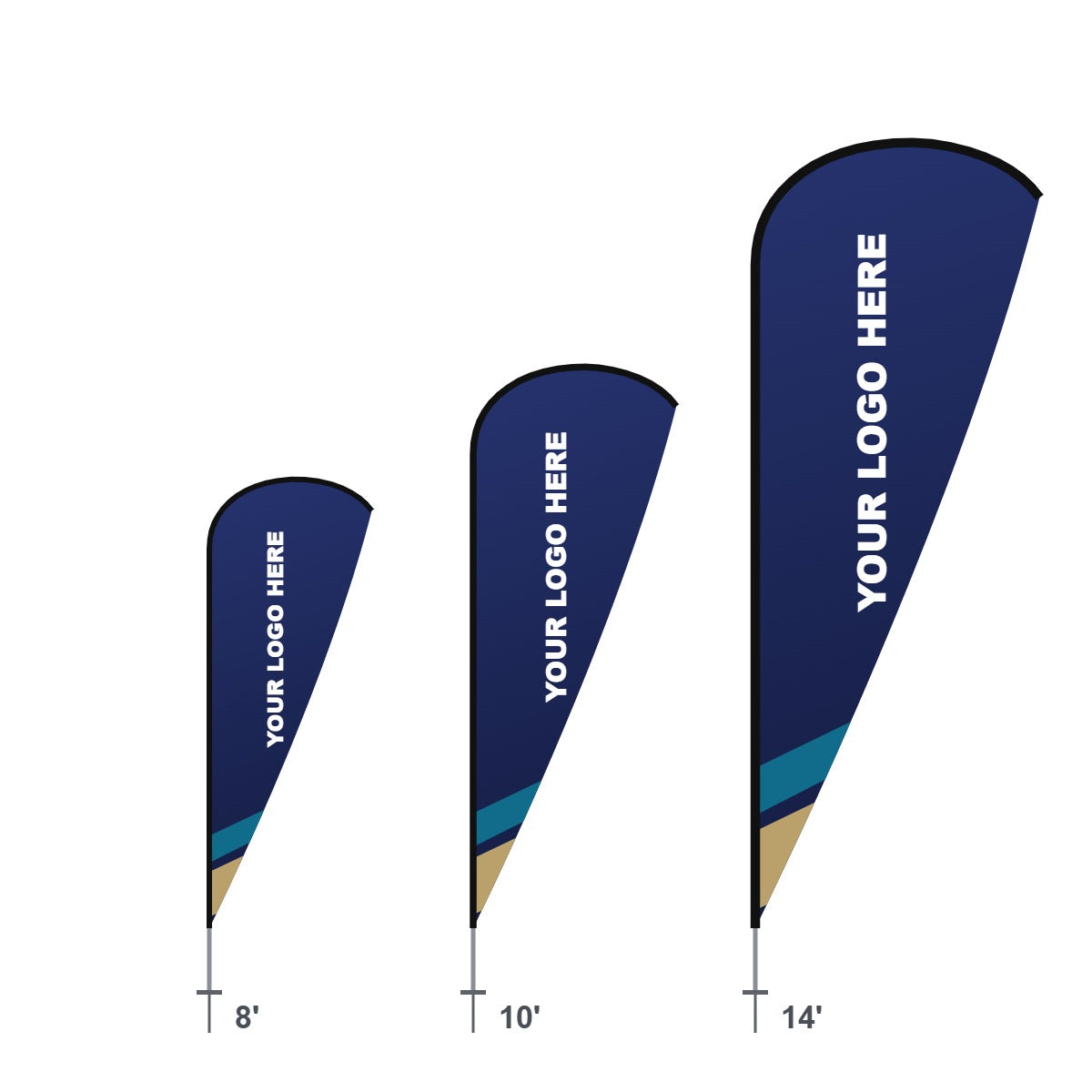 Custom teardrop flags in 8 ft, 10 ft and 14 ft sizes with a sample logo design