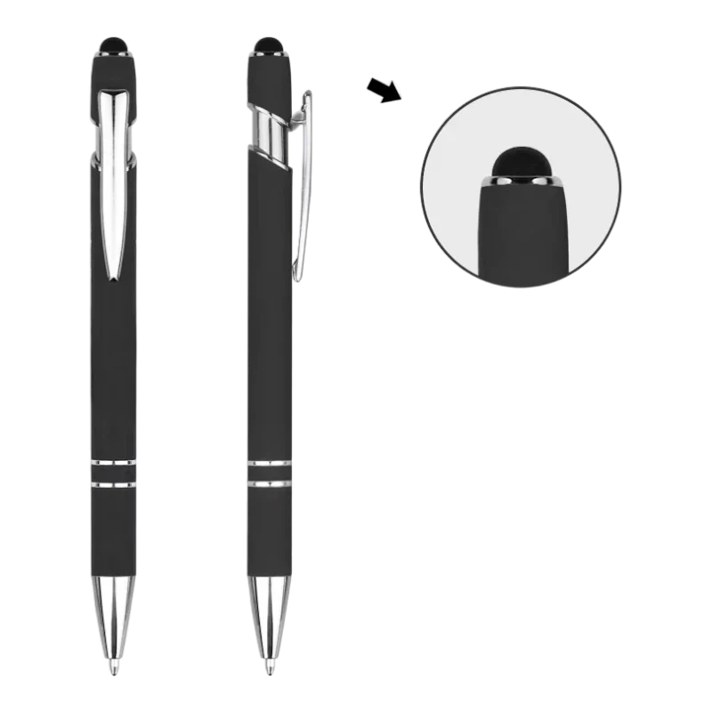 Black soft touch stylus pens with silver trim