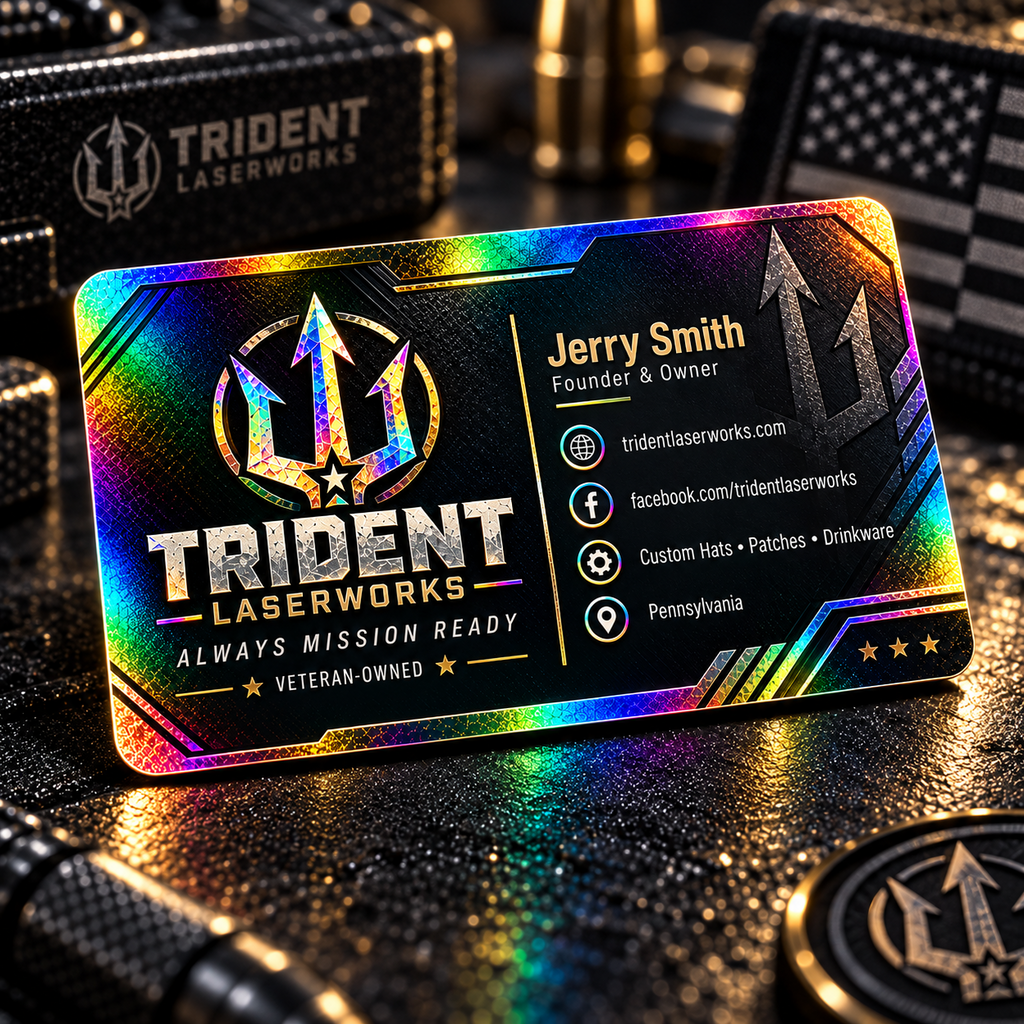 Holographic custom business card with full-color Trident LaserWorks branding and rainbow foil effect