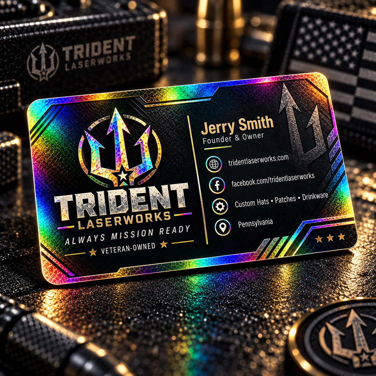 Holographic custom business card with full-color Trident LaserWorks branding and rainbow foil effect