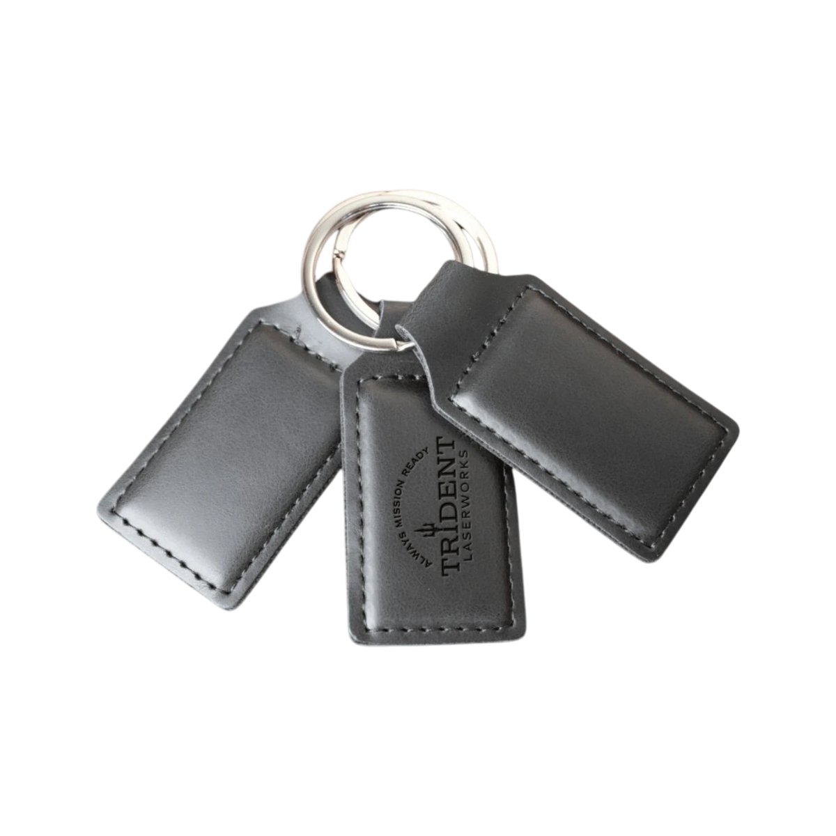 Black leatherette keychain with laser engraved logo – Trident LaserWorks