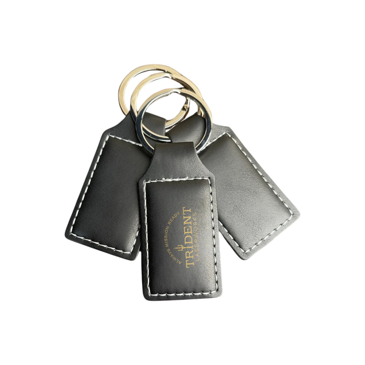 Black Silver leatherette keychain with UV printed full-color logo – Trident LaserWorks