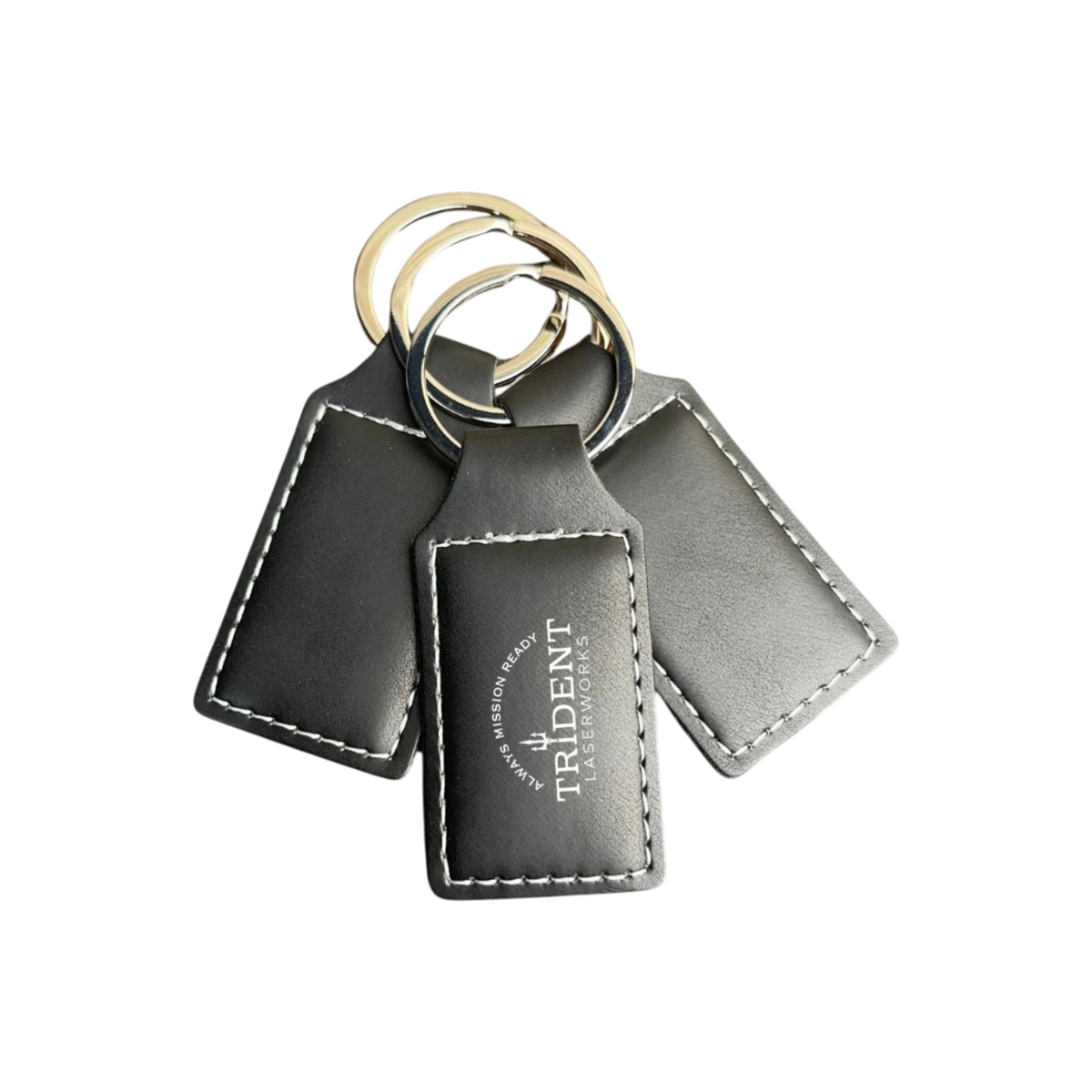Black Silver leatherette keychain with silver laser engraved logo – Trident LaserWorks
