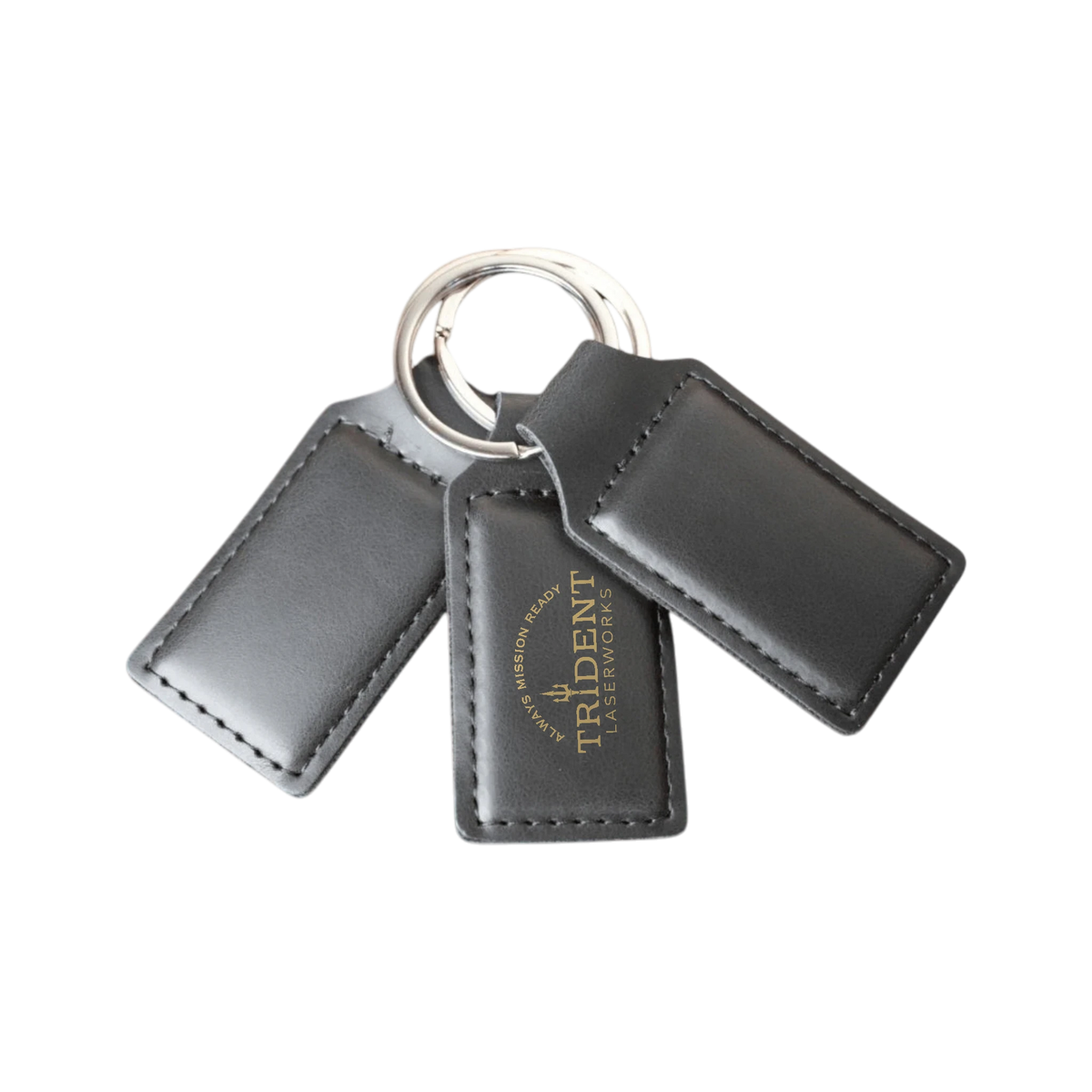 Black leatherette keychain with UV printed full-color logo – Trident LaserWorks