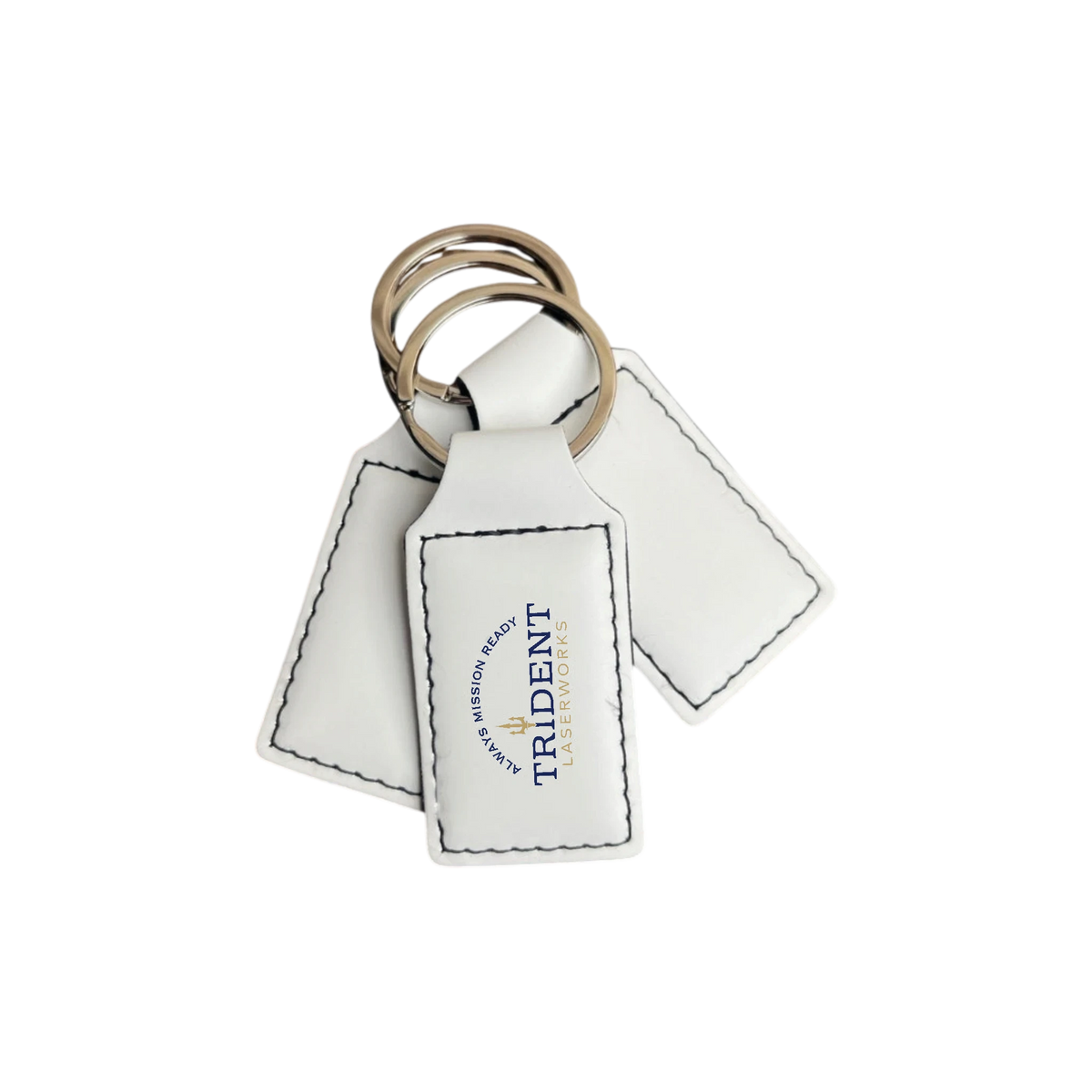 Bright White leatherette keychain with UV printed full-color logo – Trident LaserWorks