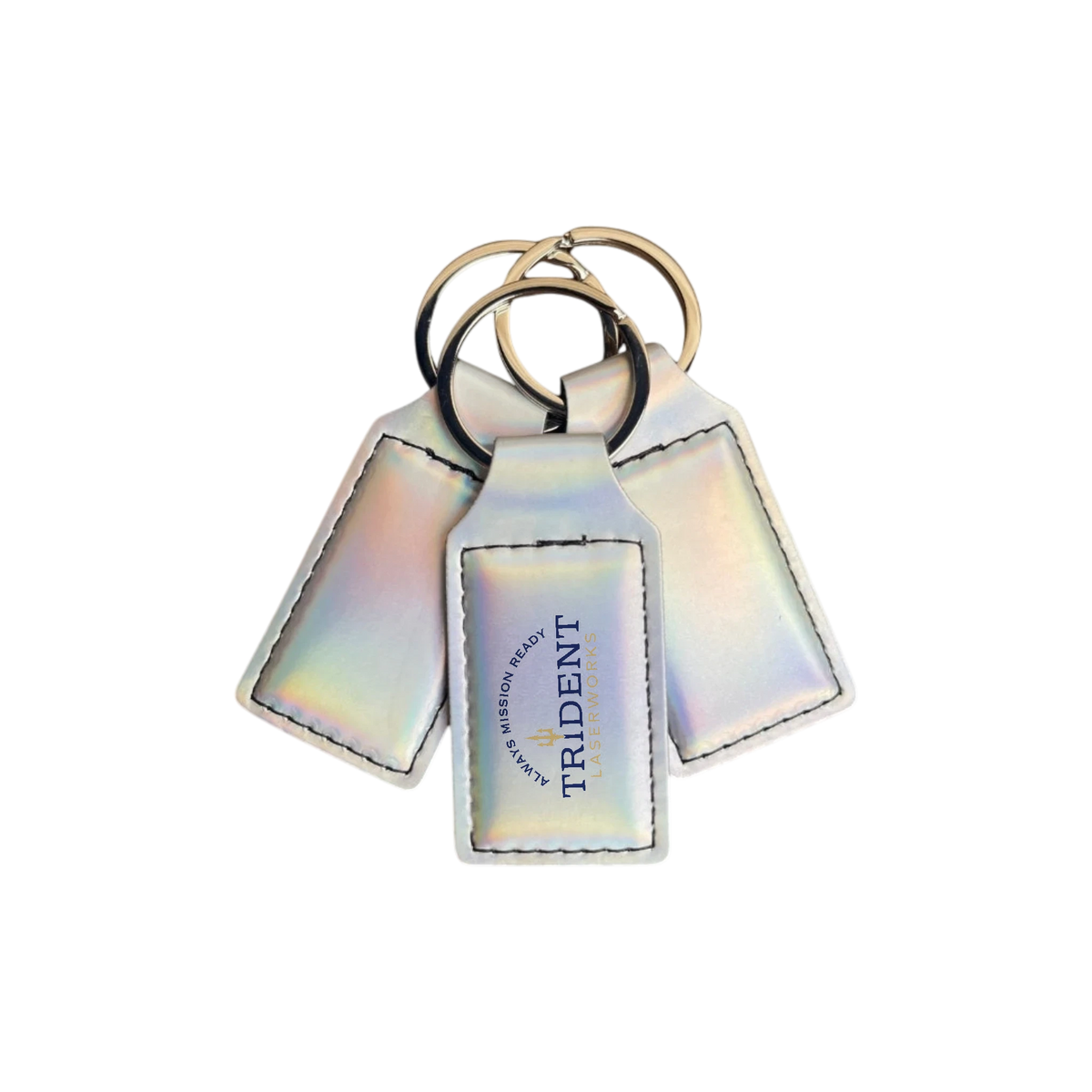 Holographic leatherette keychain with UV printed full-color logo – Trident LaserWorks