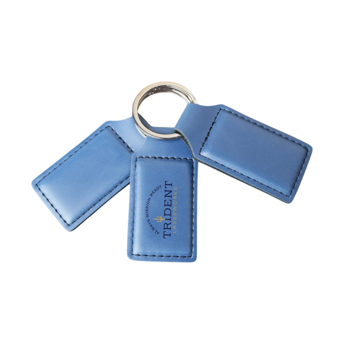 Indigo leatherette keychain with UV printed full-color logo – Trident LaserWorks