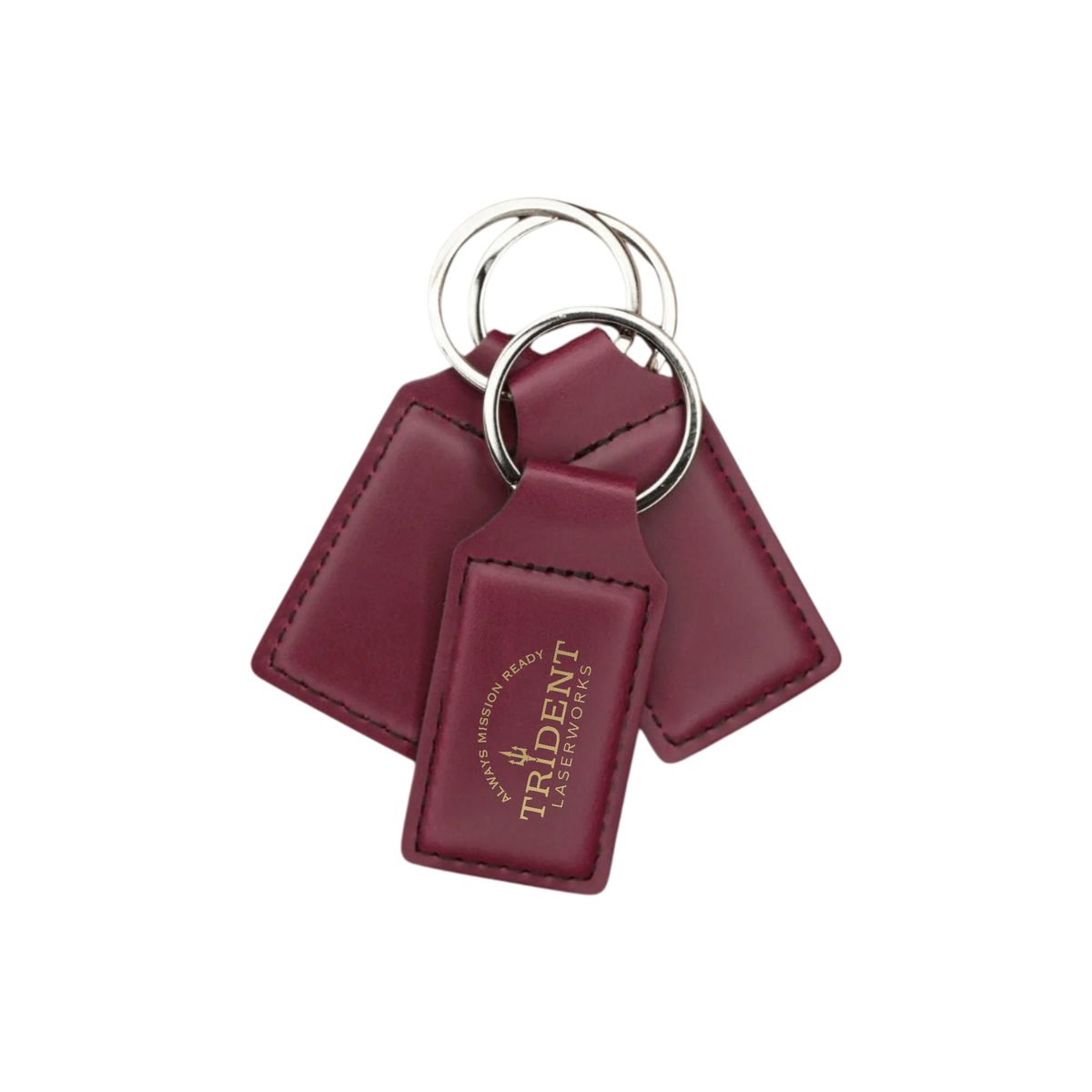 Maroon leatherette keychain with UV printed full-color logo – Trident LaserWorks
