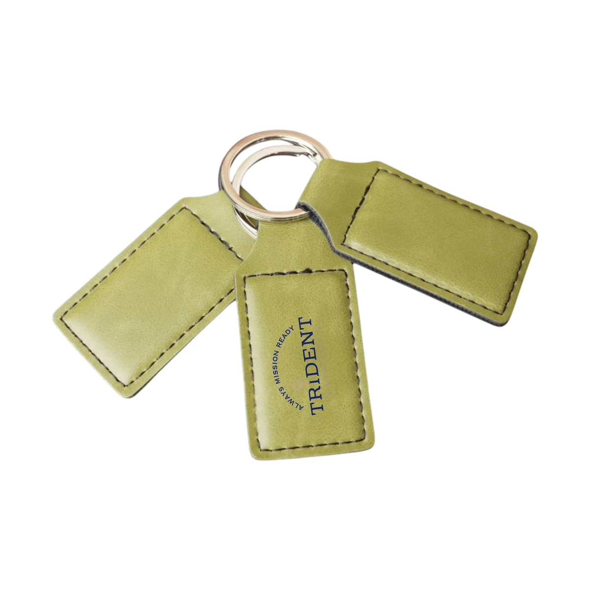 Olive leatherette keychain with UV printed full-color logo – Trident LaserWorks