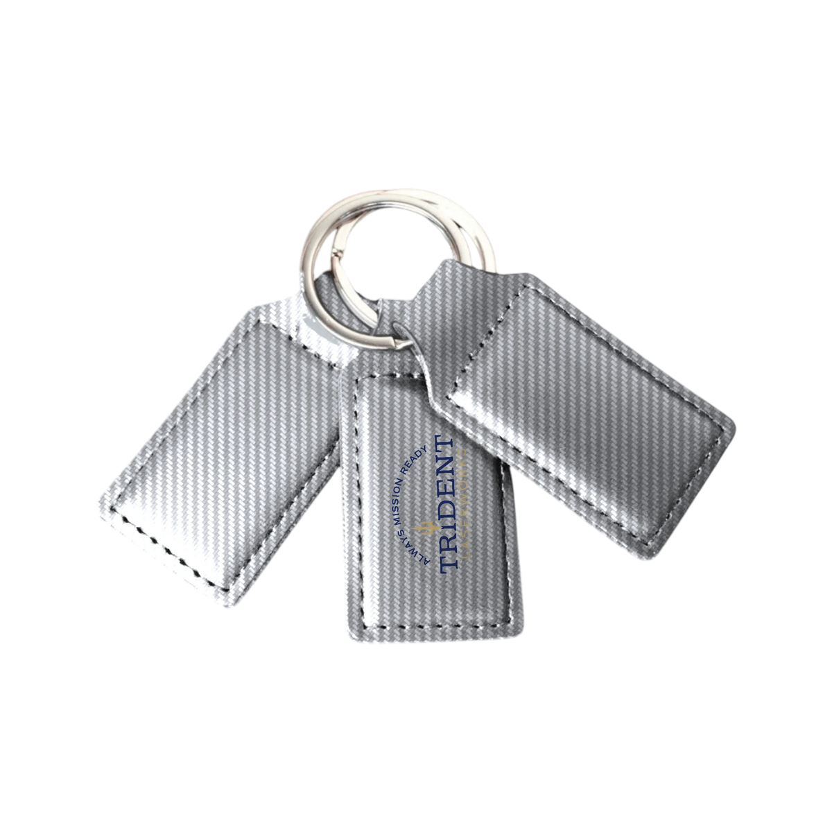Silver Carbon Fiber leatherette keychain with UV printed full-color logo – Trident LaserWorks