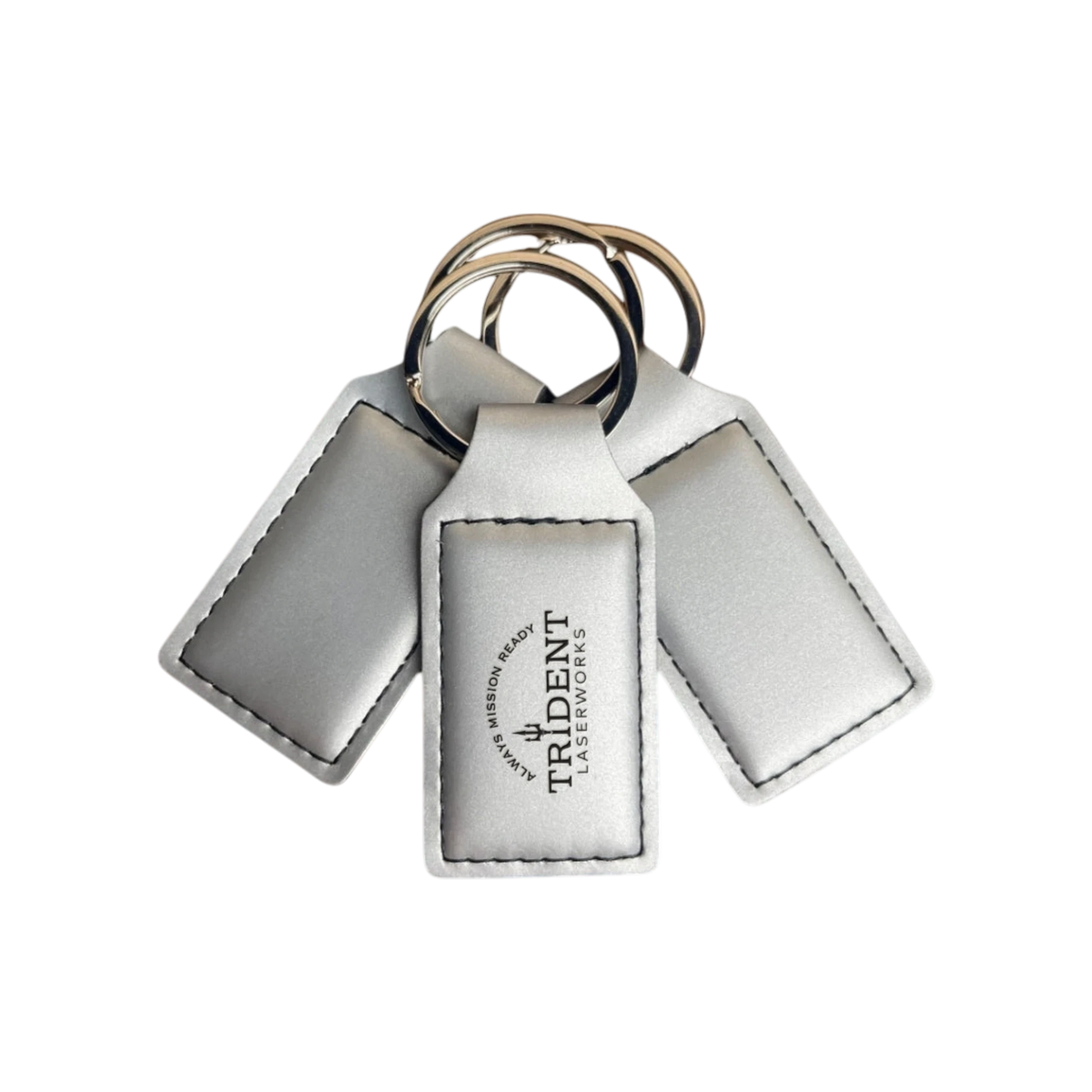 Silver leatherette keychain with laser engraved logo – Trident LaserWorks
