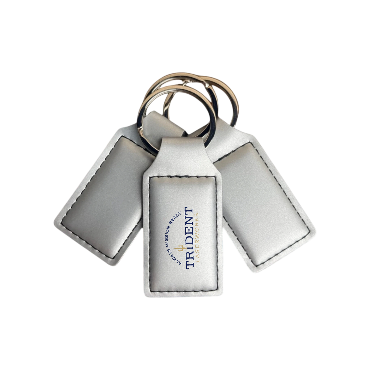 Silver leatherette keychain with UV printed full-color logo – Trident LaserWorks