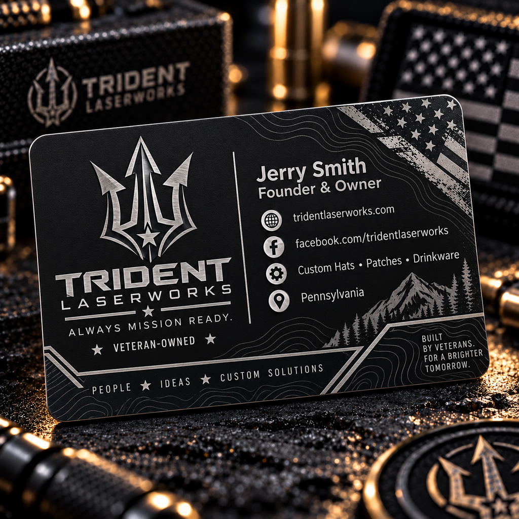 Laser engraved black aluminum business card with custom Trident LaserWorks branding