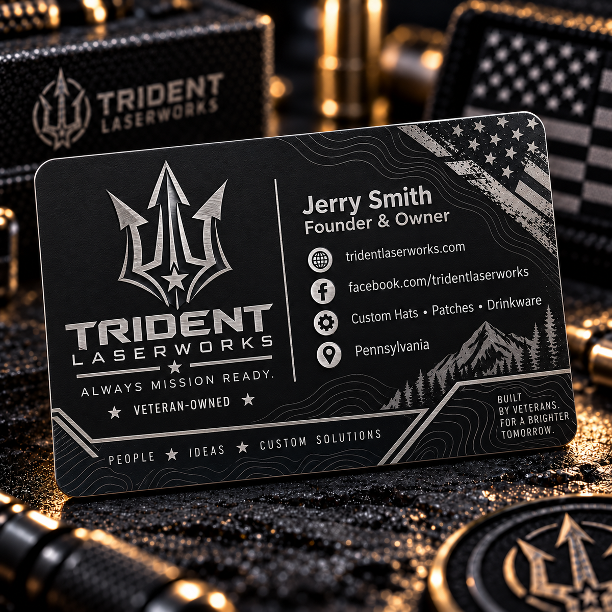 Laser engraved black aluminum business card with custom Trident LaserWorks branding