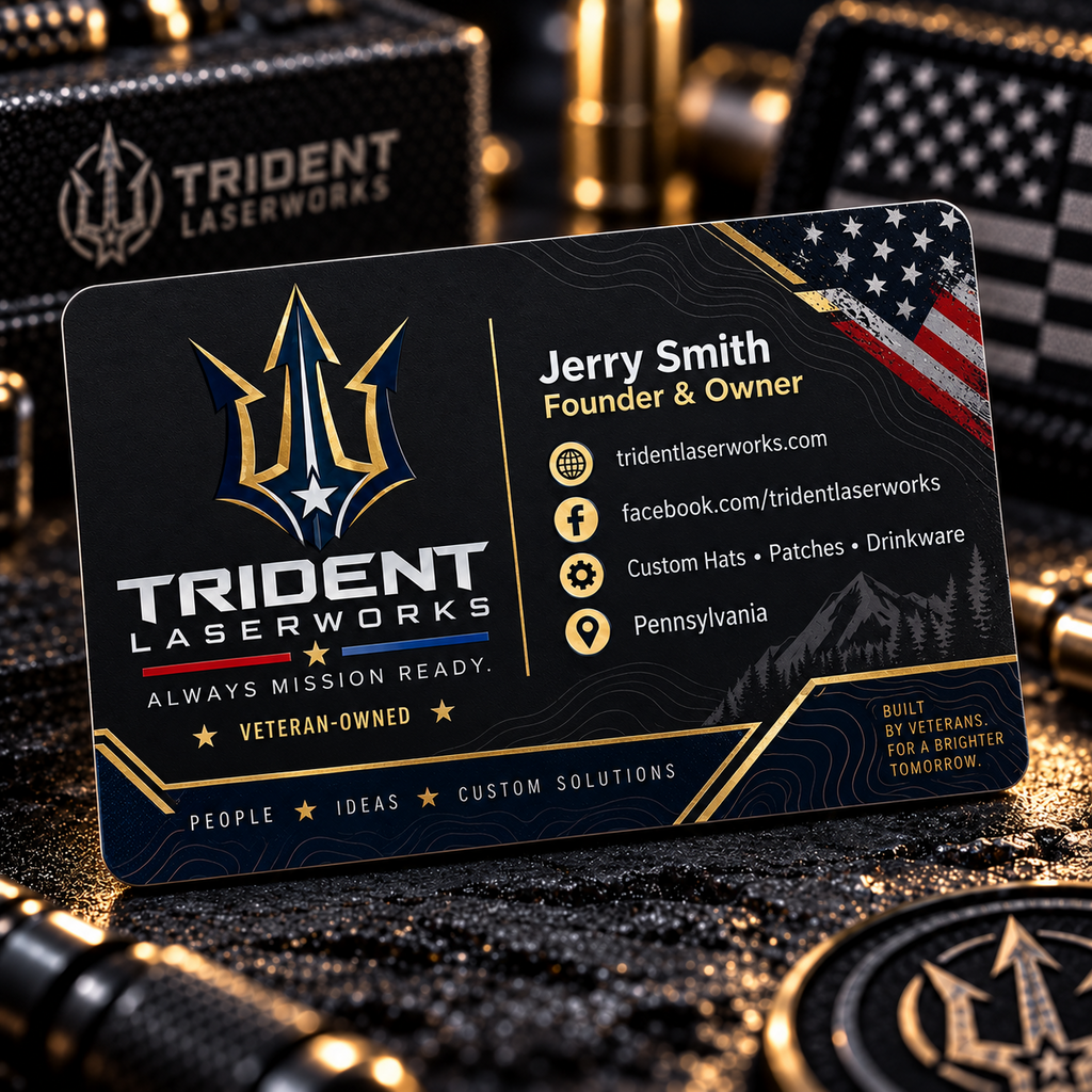 Matte black custom business card with full-color UV printed Trident LaserWorks branding