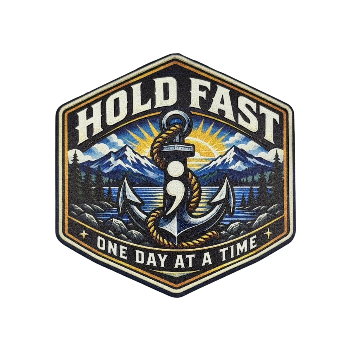 Hold Fast One Day at a Time anchor and semicolon mental health awareness UV printed hat patch