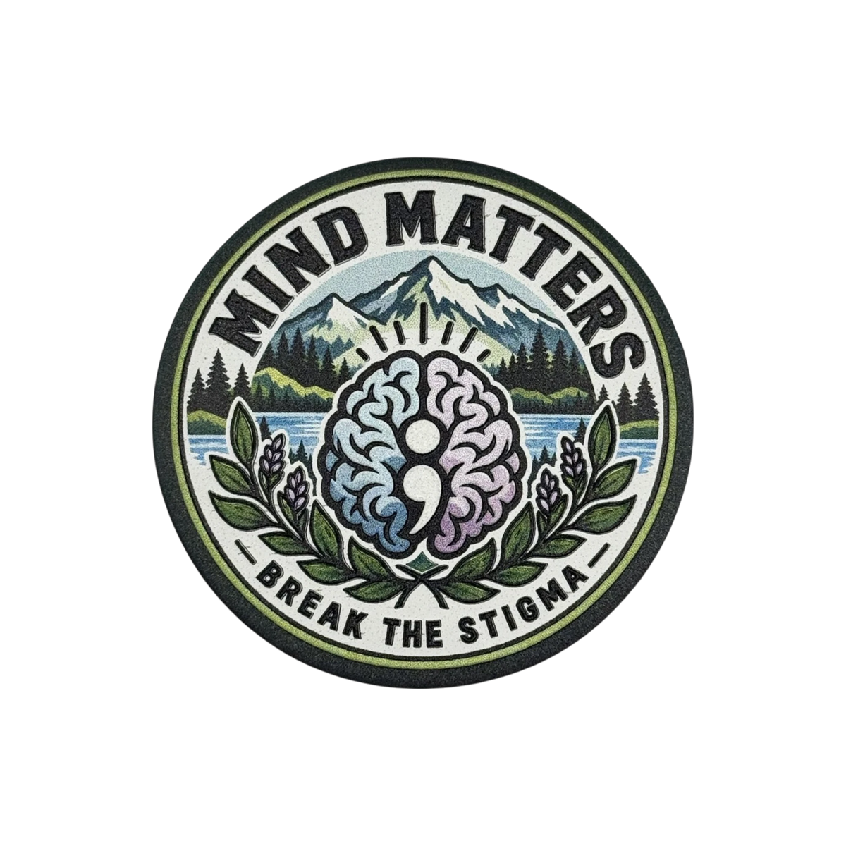 Mind Matters Break the Stigma round semicolon brain mental health awareness UV printed hat patch