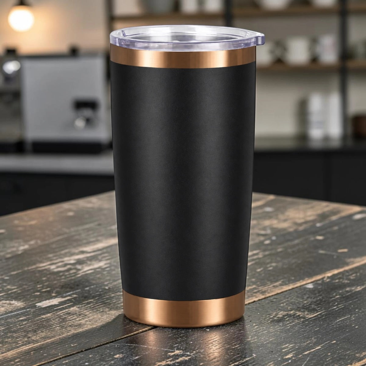 Mission Ready Copper 20oz blank tumbler in Midnight Ops black with brushed copper accents and magnetic lid.