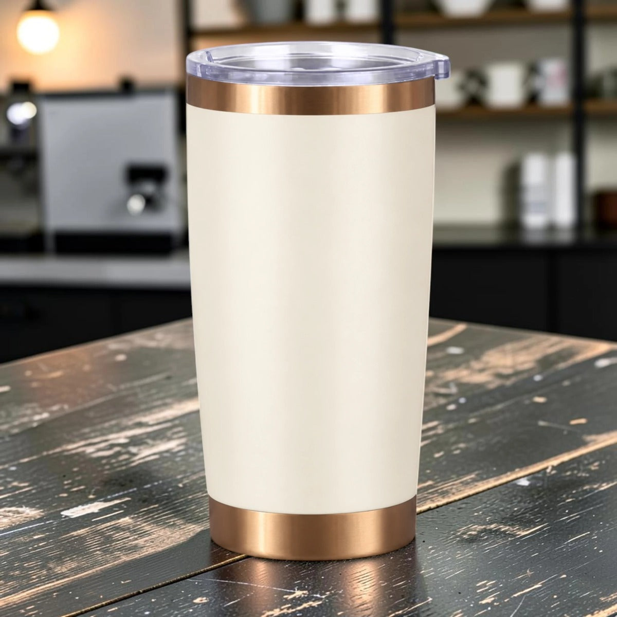 Mission Ready Copper 20oz blank tumbler in Desert Ghost cream with brushed copper accents and magnetic lid.