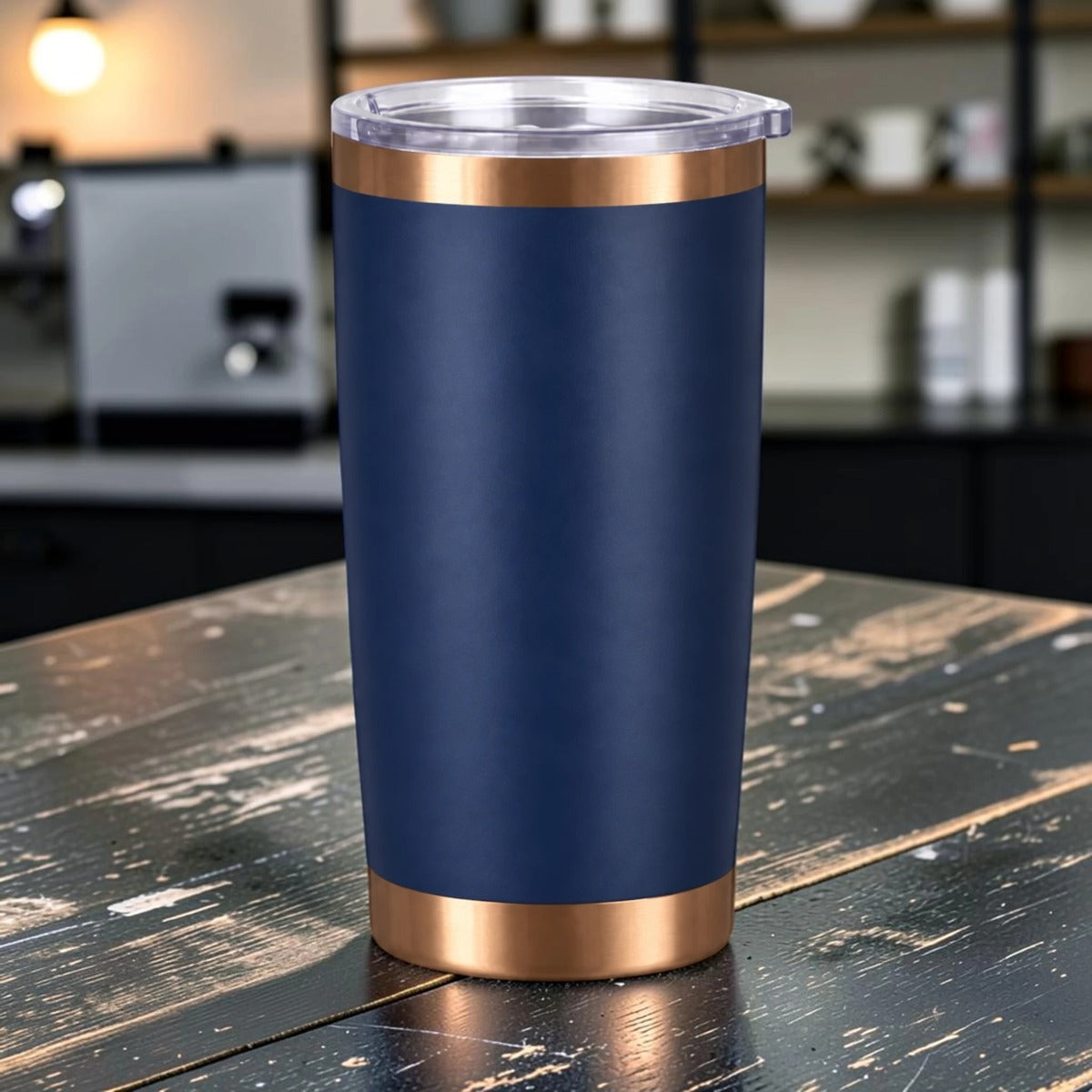 Mission Ready Copper 20oz blank tumbler in Deepwater navy blue with brushed copper accents and magnetic lid.