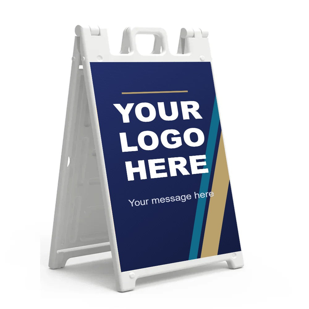 White Signicade Deluxe A-frame sidewalk sign with navy and gold Your Logo Here printed insert