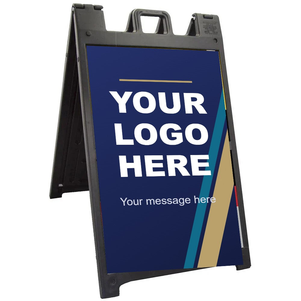 Black Signicade Deluxe A-frame sidewalk sign with navy and gold Your Logo Here printed insert