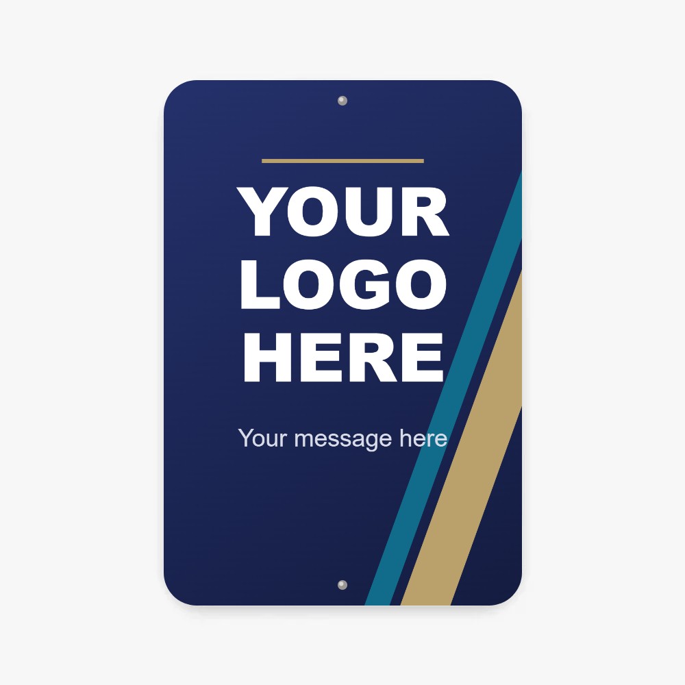 Custom printed aluminum sign with rounded corners and navy and gold Your Logo Here sample design