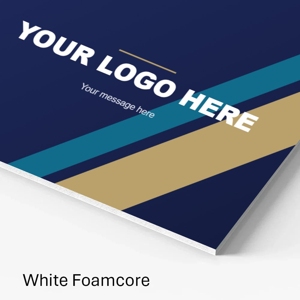 Custom printed foam board sign corner showing navy and gold Your Logo Here design on white foamcore