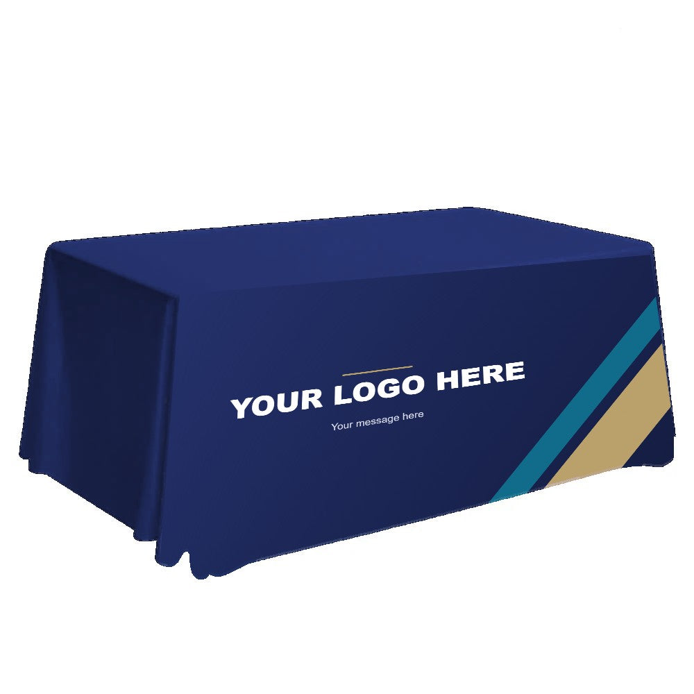 Custom printed table throw in navy with Your Logo Here front panel and gold and teal accent stripes