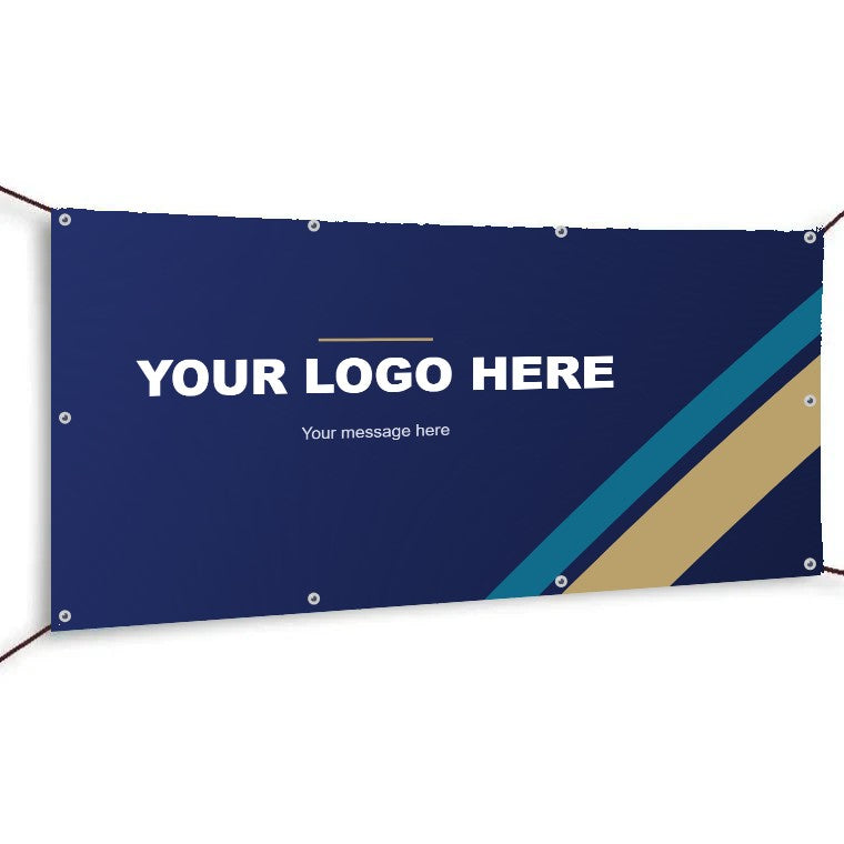 Custom vinyl banner with grommets and navy and gold Your Logo Here sample design