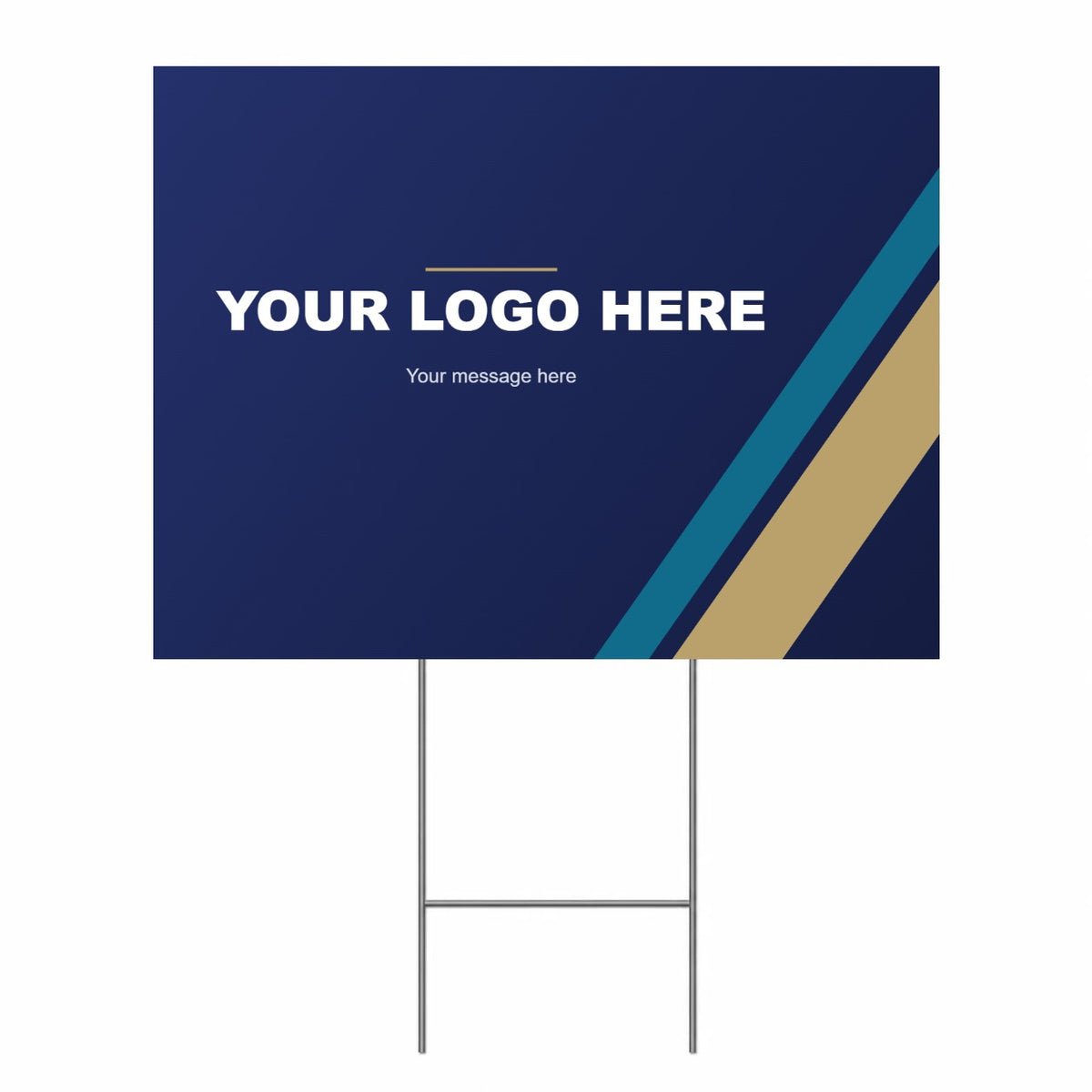 Custom 24 x 18 inch yard sign on a wire H-stake with navy and gold Your Logo Here sample design