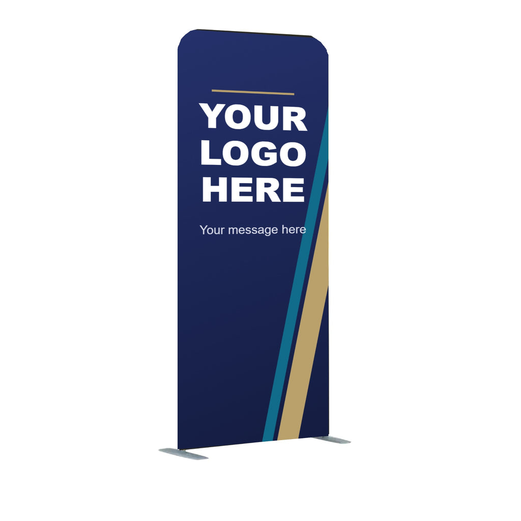 Deluxe 36 x 90 inch tension fabric banner stand with navy and gold Your Logo Here sample graphic