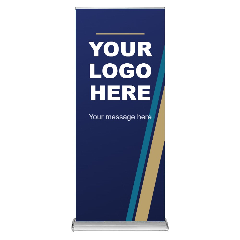 Deluxe retractable banner stand 33 x 80 inches with navy and gold Your Logo Here sample graphic
