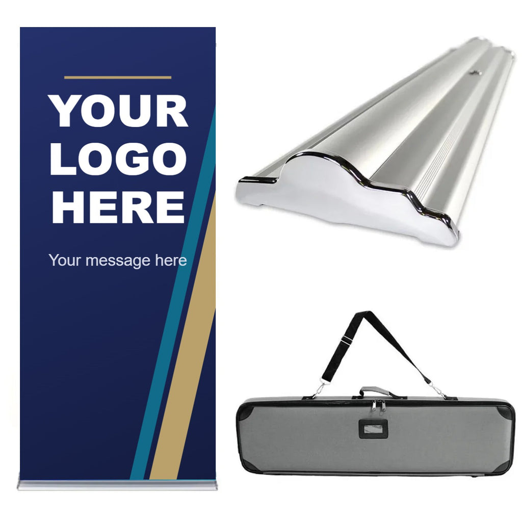 Premium retractable banner stand with navy and gold Your Logo Here sample graphic, wave base and padded case