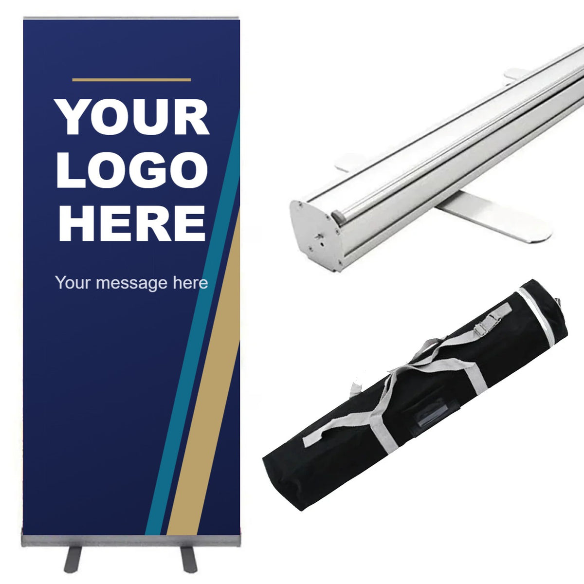 Standard retractable banner stand with navy and gold Your Logo Here sample graphic, base and carry bag