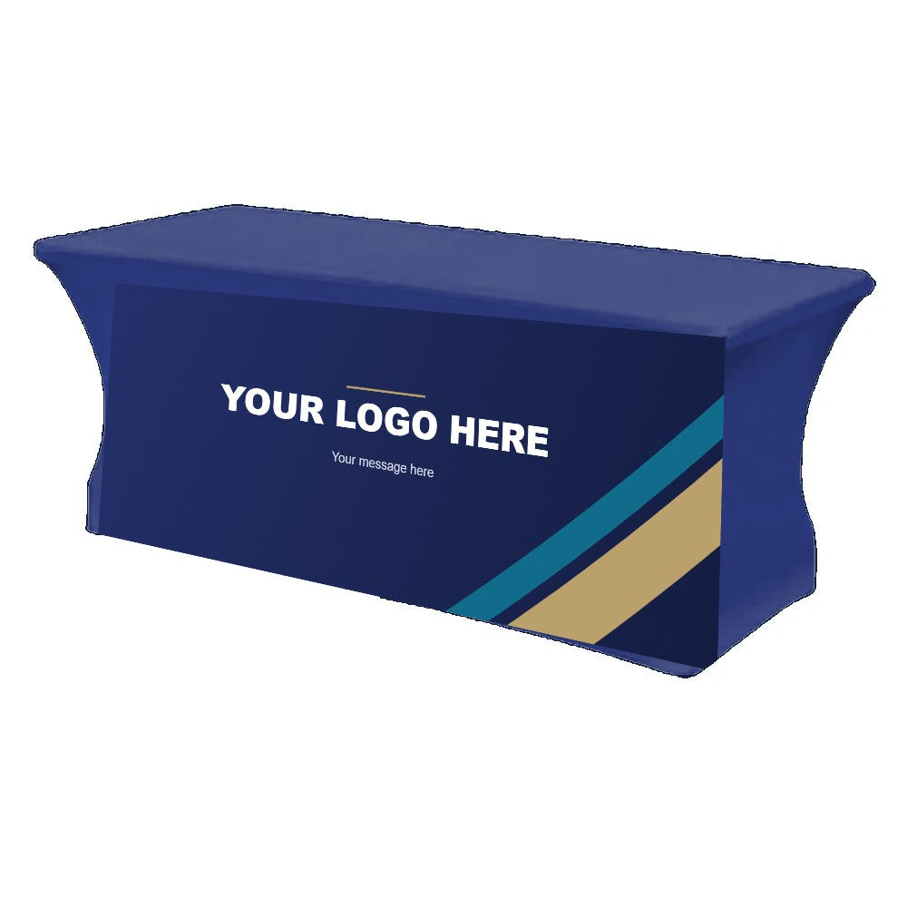 Custom stretch table cover in navy with Your Logo Here front panel and gold and teal accent stripes
