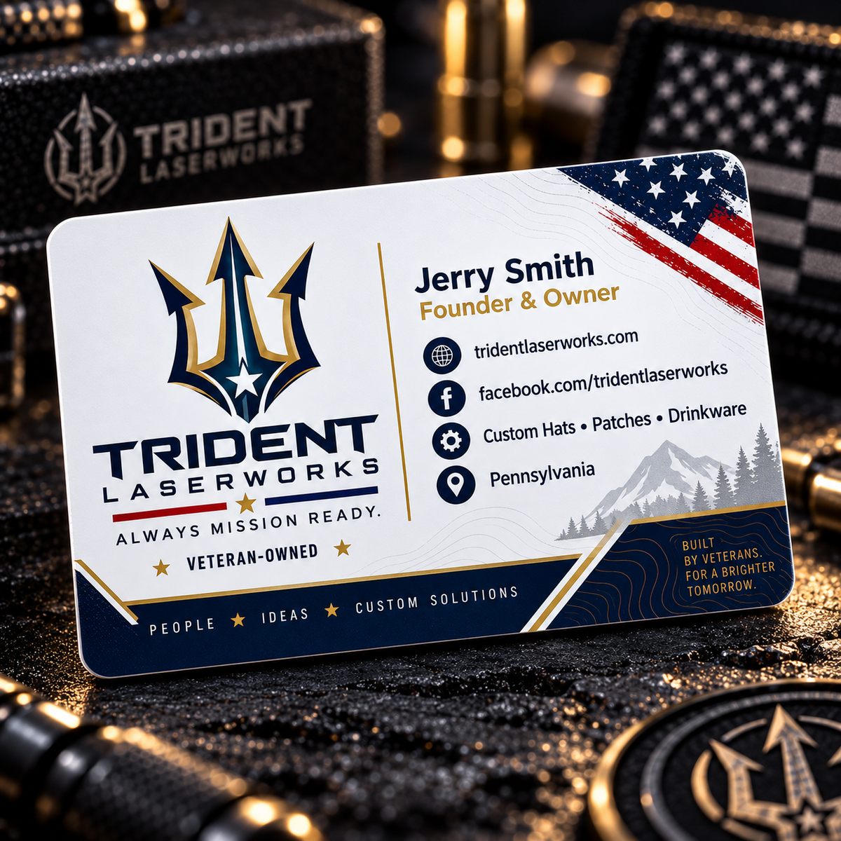 White custom business card with full-color UV printed Trident LaserWorks branding
